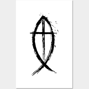 Cross And Fish Christian Design - Black Edition Posters and Art